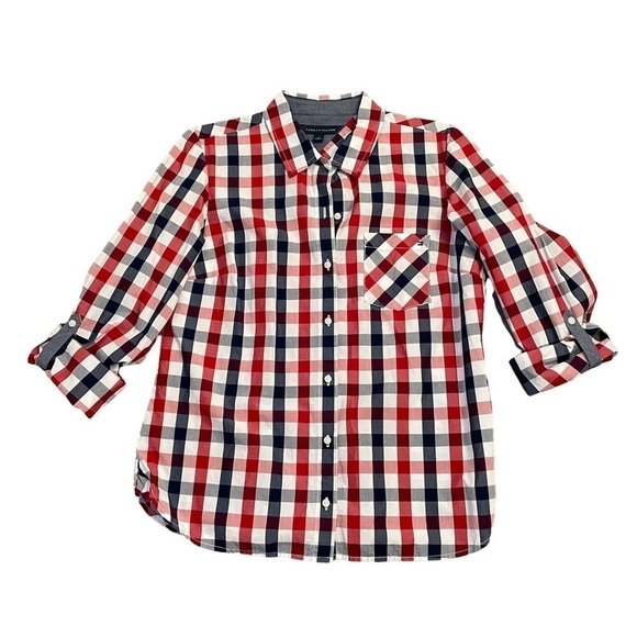Tommy Hilfiger Red White Blue Roll Tab Check Poplin Button Down Shirt Top  Med. - Picture 1 of 16